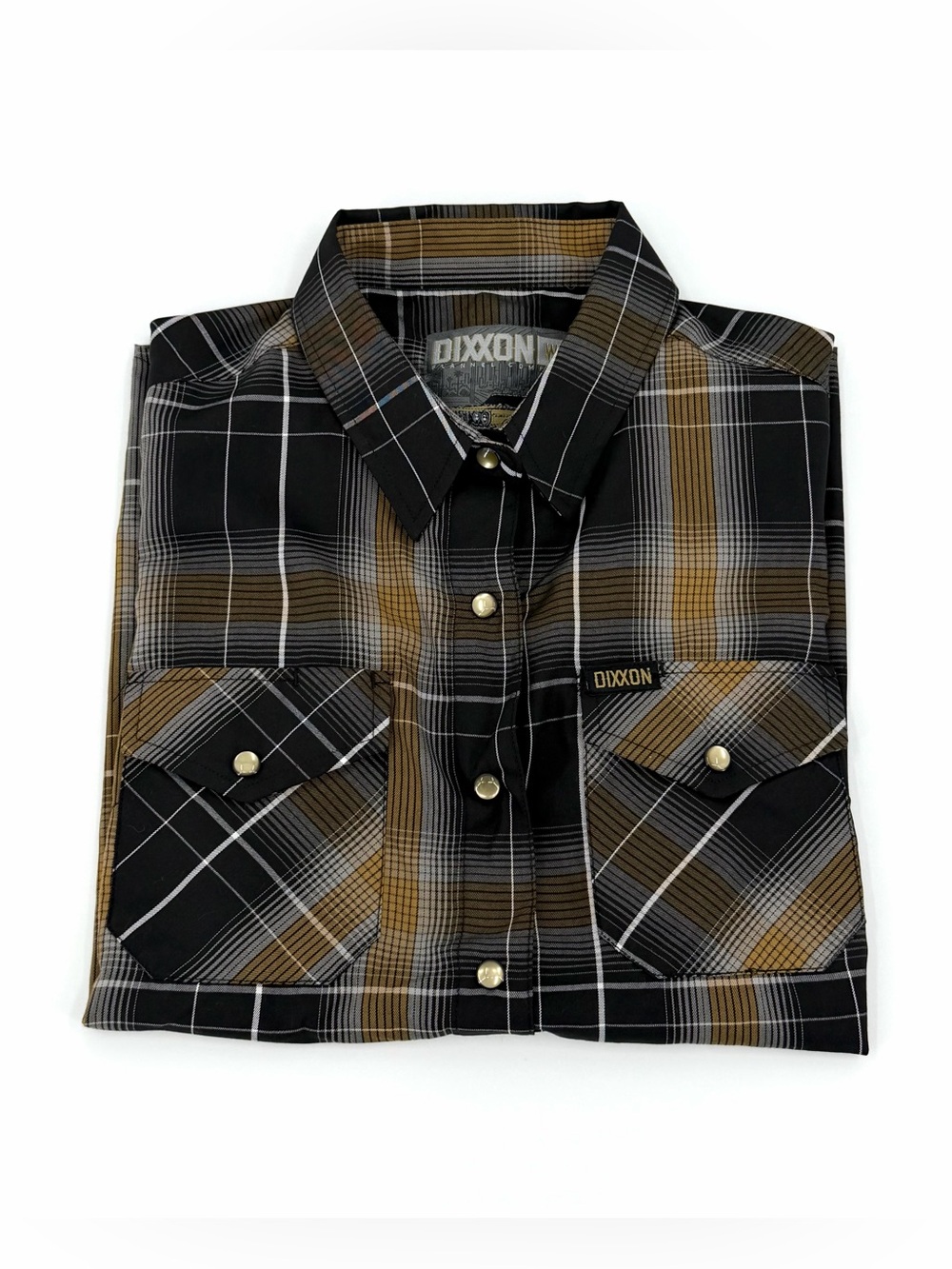 DIXXON The Sutter Black Brown Plaid Short-Sleeve Pearl Snap Button-Up Shirt EUC